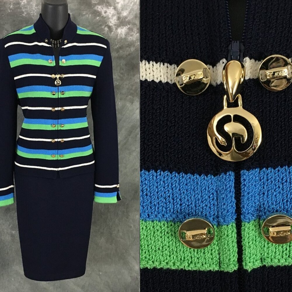 BEAUTIFUL St John collection knit blue green multi jacket skirt suit 2